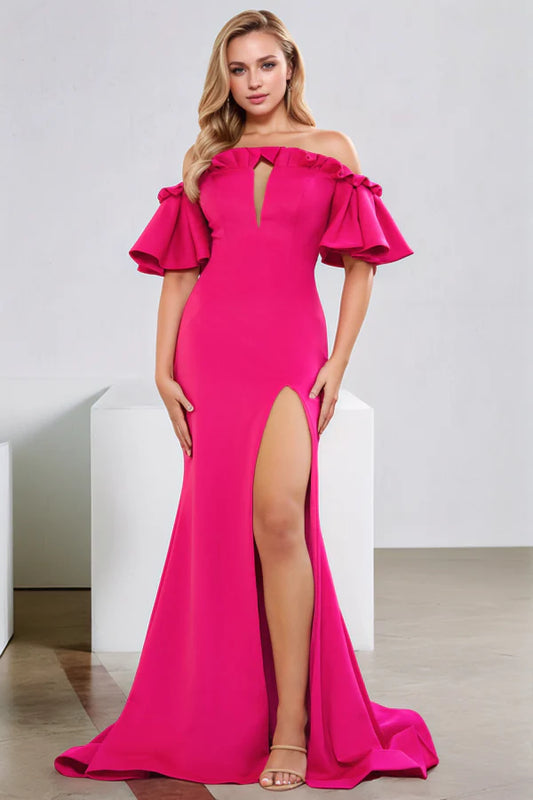 Elegant Mermaid Off-Shoulder Ruffled High Slit Hot Pink Floor-Length Prom Dress