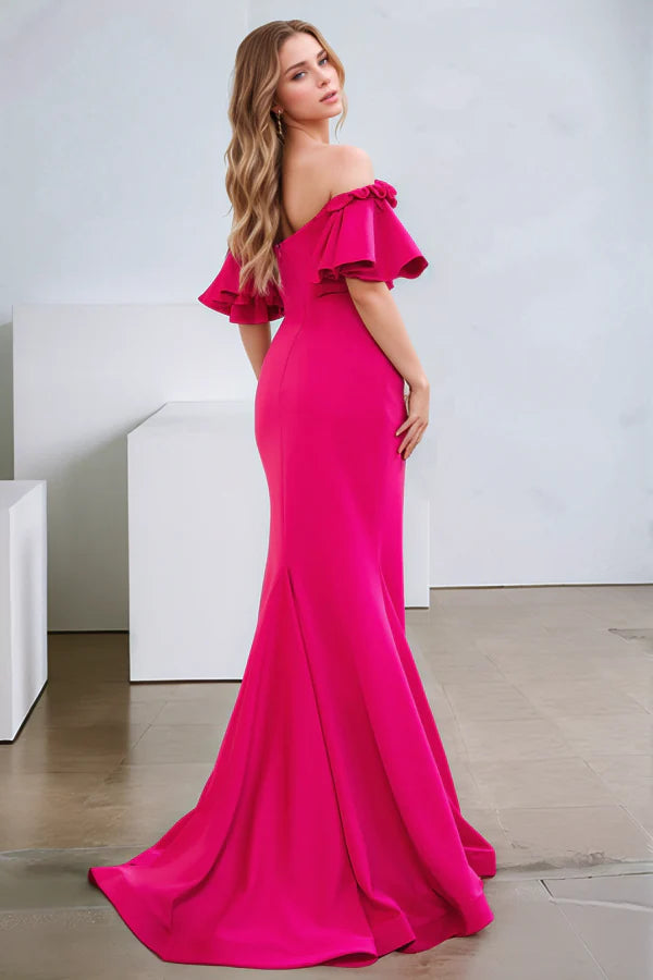 Elegant Mermaid Off-Shoulder Ruffled High Slit Hot Pink Floor-Length Prom Dress