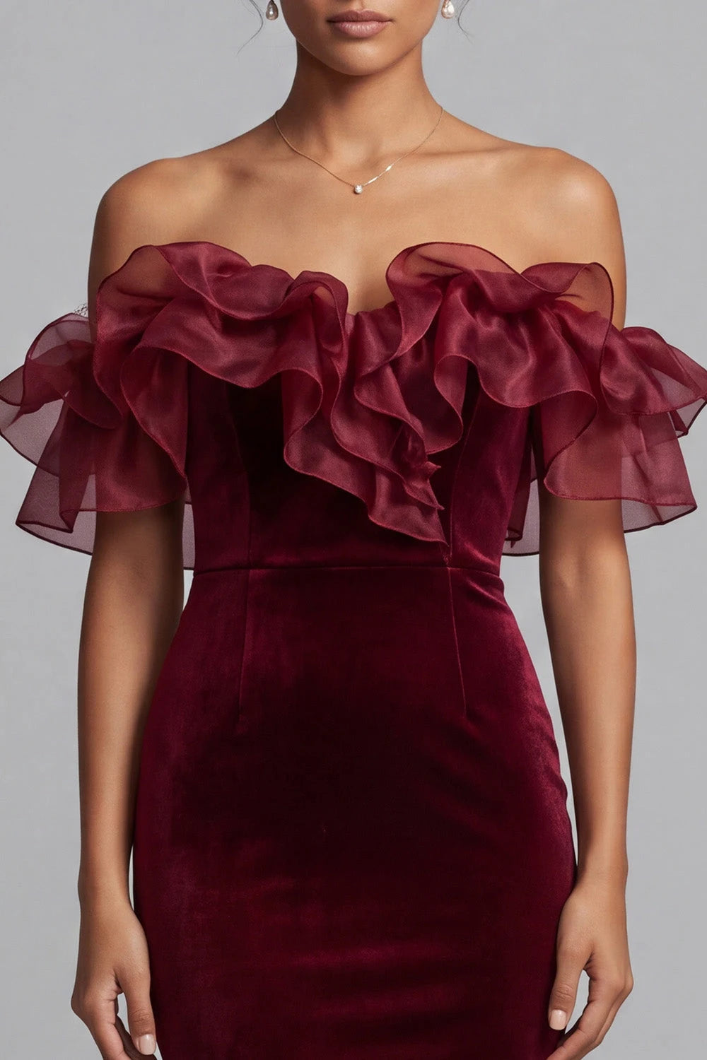 Elegant Mermaid Off-Shoulder Ruffled Velvet Burgundy Floor-Length Prom Dresses Women's Gown