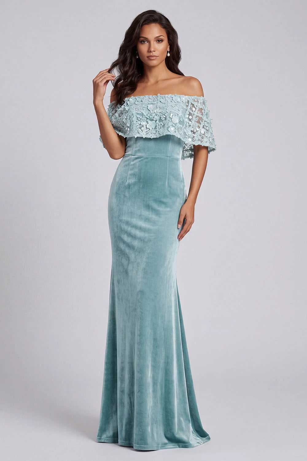 Elegant Mermaid Off-Shoulder Sequin Lace Dusty Blue Floor-Length Prom Gown
