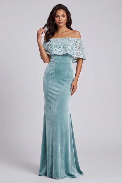 Elegant Mermaid Off-Shoulder Sequin Lace Dusty Blue Floor-Length Prom Gown