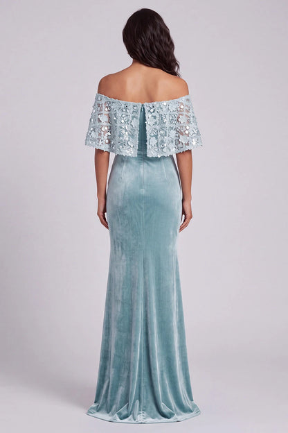 Elegant Mermaid Off-Shoulder Sequin Lace Dusty Blue Floor-Length Prom Gown