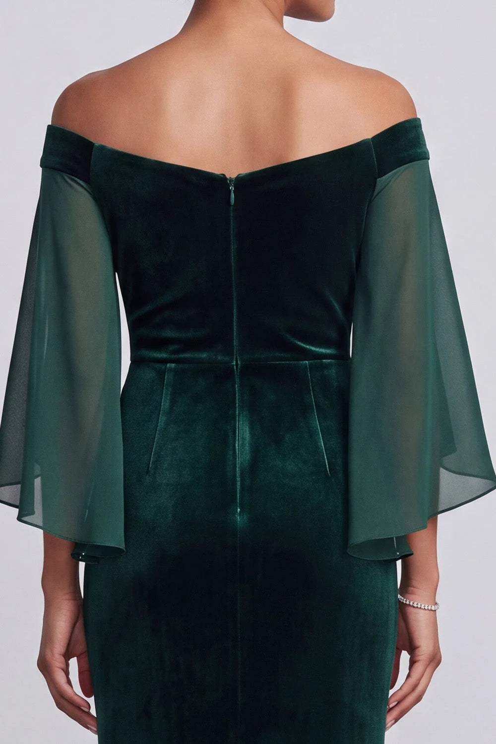 Elegant Mermaid Off-Shoulder Sleeve Beaded Velvet Emerald Green Floor-Length Prom Gown