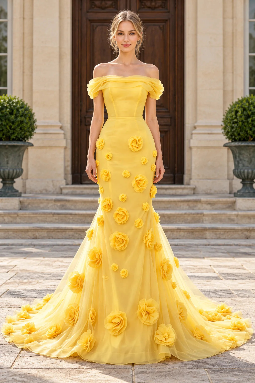 Elegant Mermaid Off-Shoulder Sleeved 3D Floral Yellow Long Prom Dresses Women