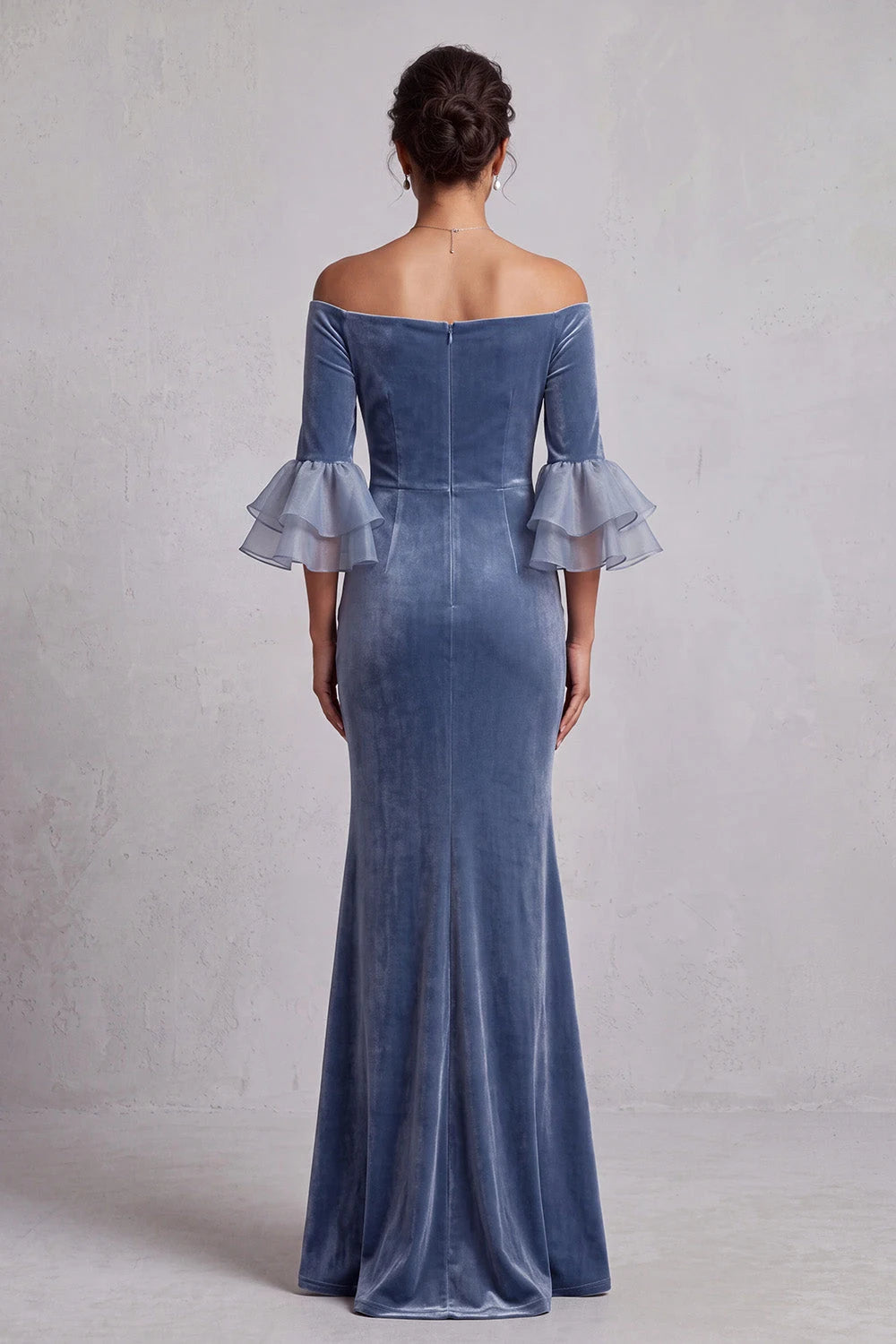 Elegant Mermaid Off-Shoulder Sleeved Beaded Ruched Dusty Blue Floor-Length Prom Gown