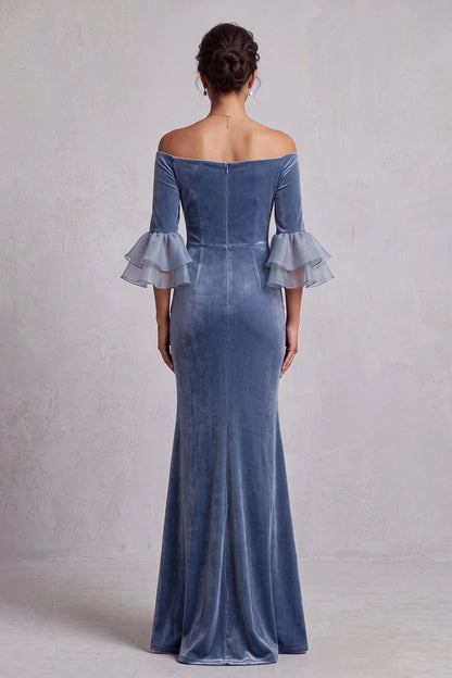 Elegant Mermaid Off-Shoulder Sleeved Beaded Ruched Dusty Blue Floor-Length Prom Gown