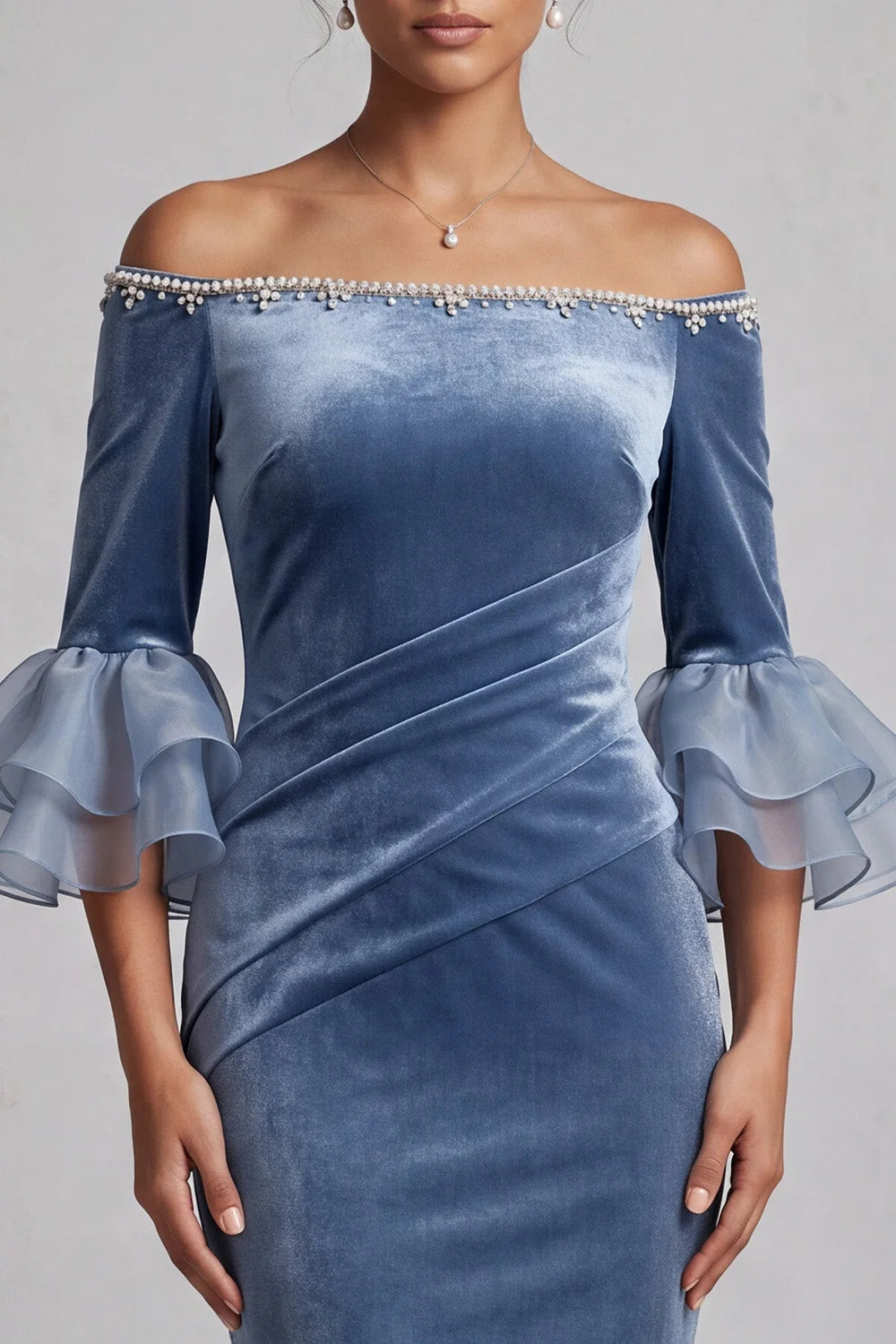 Elegant Mermaid Off-Shoulder Sleeved Beaded Ruched Dusty Blue Floor-Length Prom Gown