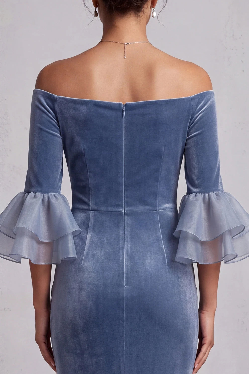 Elegant Mermaid Off-Shoulder Sleeved Beaded Ruched Dusty Blue Floor-Length Prom Gown