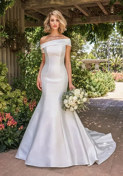 Elegant Mermaid Off-Shoulder Sleeveless Ruched Backless White Maxi Wedding Dresses Gown