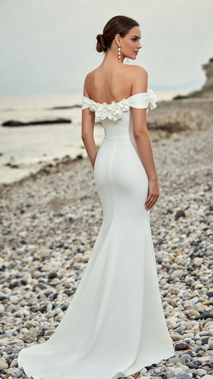 Elegant Mermaid Off-Shoulder Sweetheart Floral Romantic White Floor-Length Wedding Dresses Gown