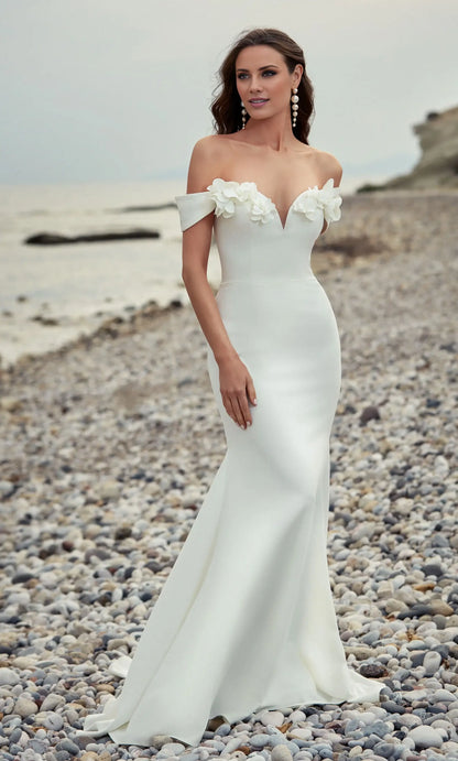 Elegant Mermaid Off-Shoulder Sweetheart Floral Romantic White Floor-Length Wedding Dresses Gown