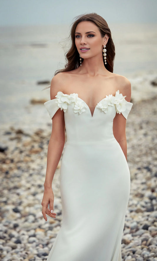 Elegant Mermaid Off-Shoulder Sweetheart Floral Romantic White Floor-Length Wedding Dresses Gown