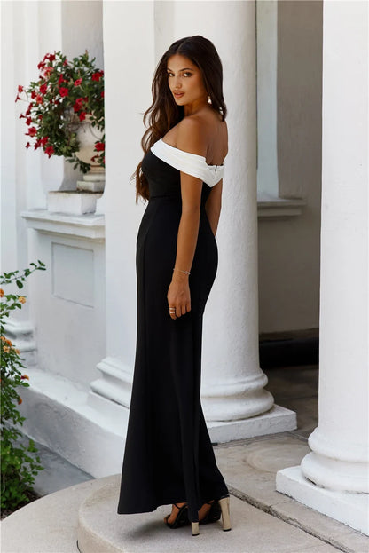 Elegant Mermaid Off-Shoulder Two-Tone Black White Floor-Length Prom Dress