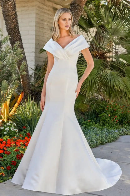 Elegant Mermaid Off-Shoulder V-Neck Draped White Floor-Length Wedding Gown for Brides