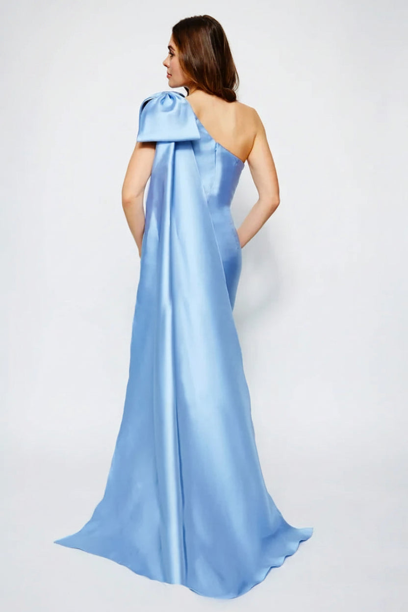Elegant Mermaid One-Shoulder Draped Bow-Detail Sky Blue Floor-Length Bridesmaid Dress Women's