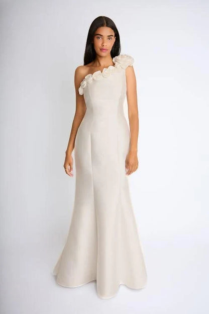 Elegant Mermaid One-Shoulder Floral Sophisticated Light Beige Floor-Length Bridesmaid Gown