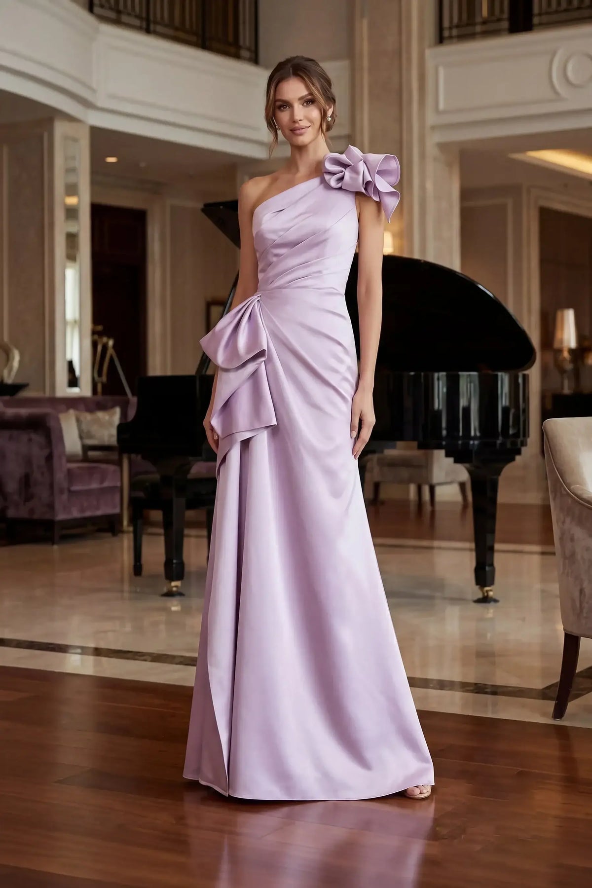 Elegant Mermaid One-Shoulder Ruffled Lavender Floor-Length Mother of the Bride Gown