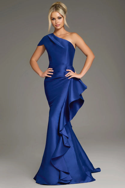 Elegant Mermaid One-Shoulder Ruffled Royal Blue Floor-Length Mother of the Bride Gown