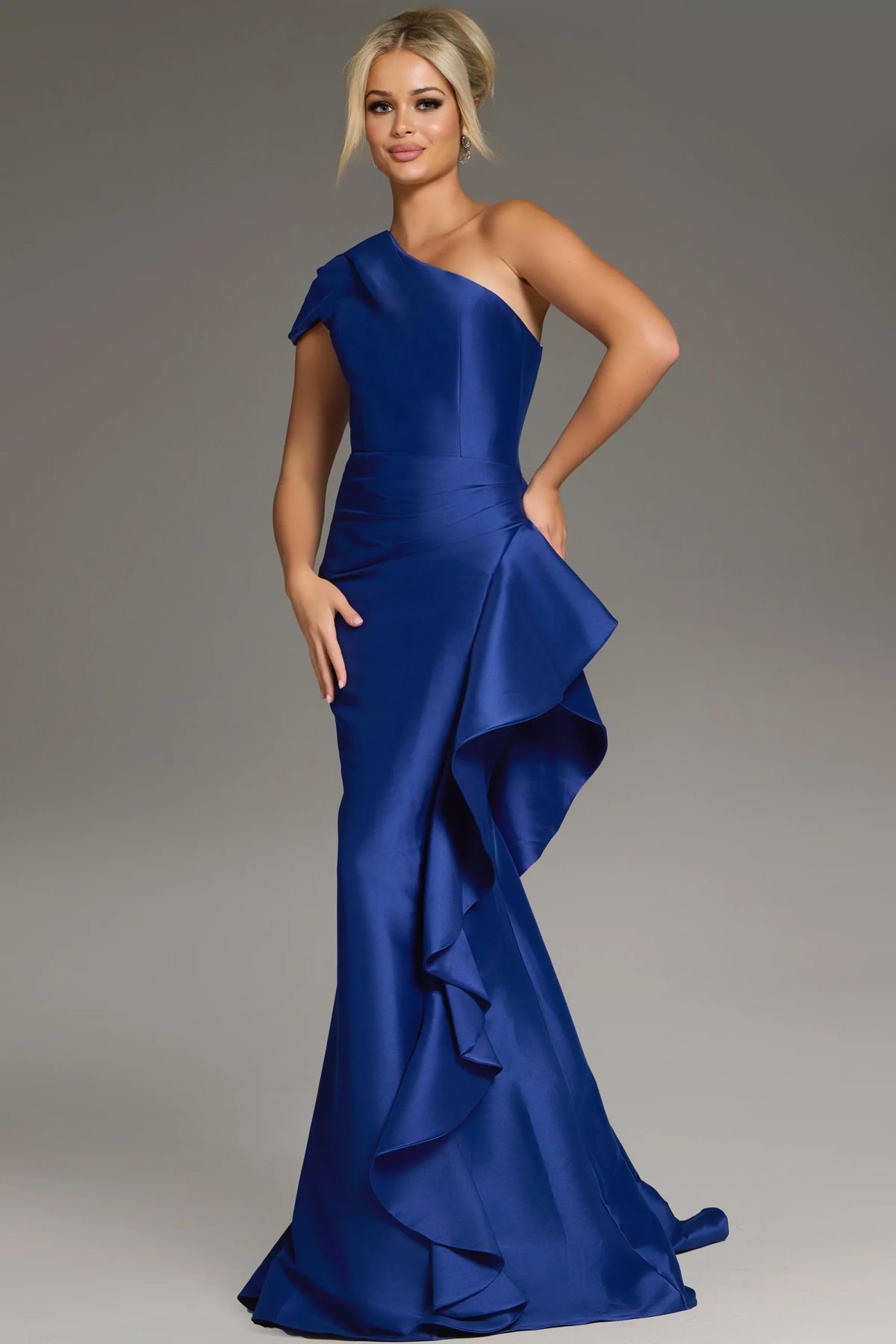 Elegant Mermaid One-Shoulder Ruffled Royal Blue Floor-Length Mother of the Bride Gown