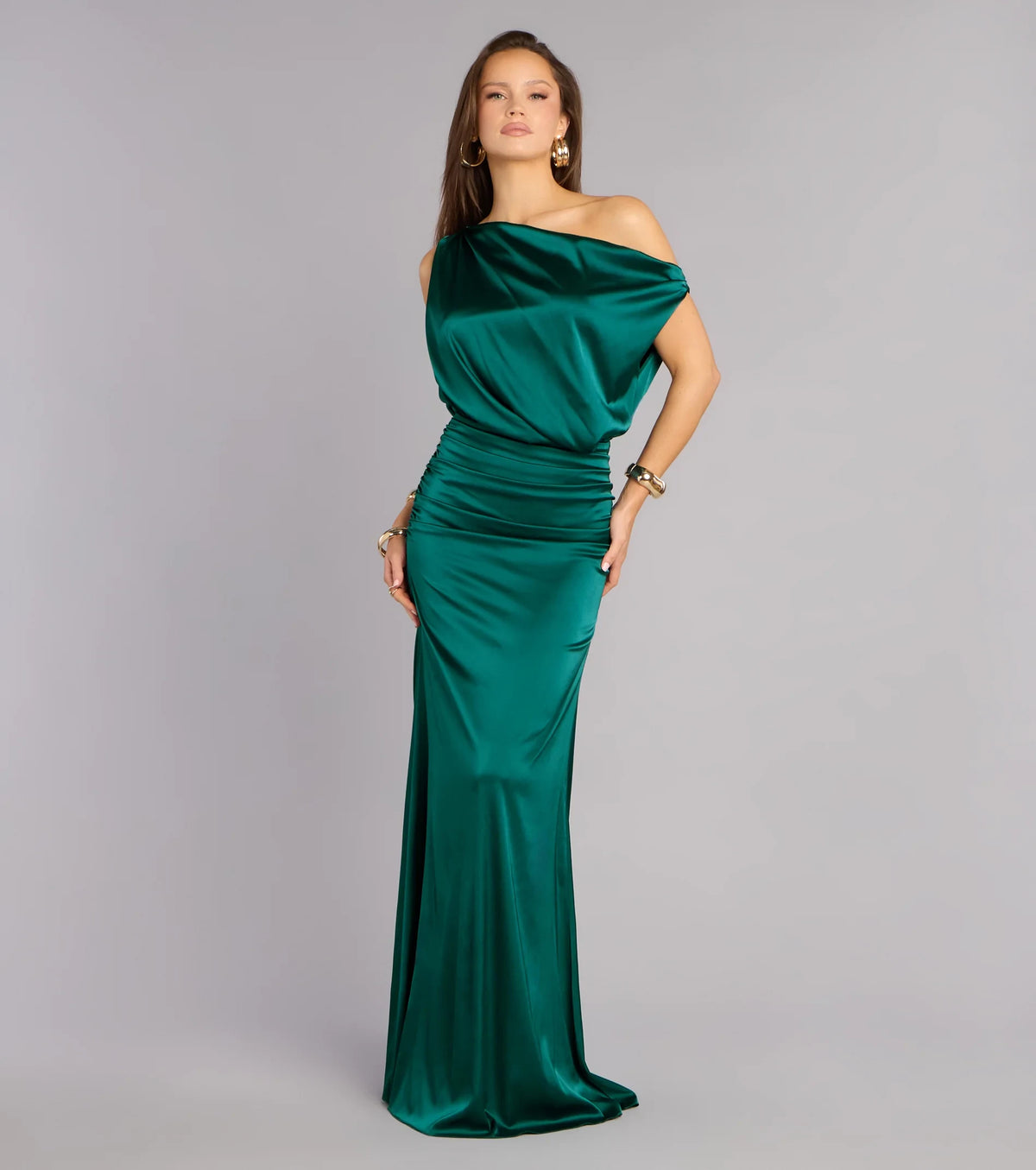 Elegant Mermaid One-Shoulder Sleeveless Draped Ruched Emerald Green Floor-Length Evening Dresses Women's Gown
