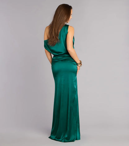 Elegant Mermaid One-Shoulder Sleeveless Draped Ruched Emerald Green Floor-Length Evening Dresses Women's Gown