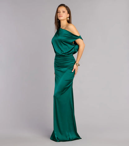 Elegant Mermaid One-Shoulder Sleeveless Draped Ruched Emerald Green Floor-Length Evening Dresses Women's Gown