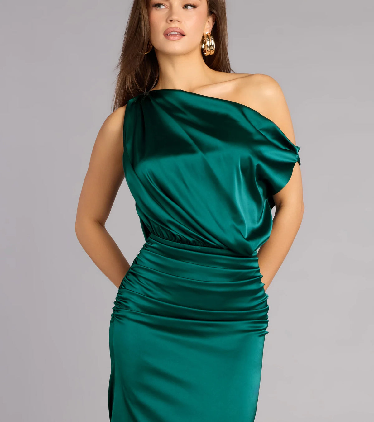 Elegant Mermaid One-Shoulder Sleeveless Draped Ruched Emerald Green Floor-Length Evening Dresses Women's Gown