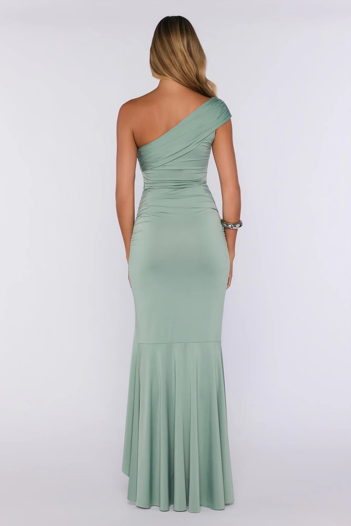Elegant Mermaid One-Shoulder Sleeveless Ruched-Ruffle Sage Maxi Evening Dresses Women Gown