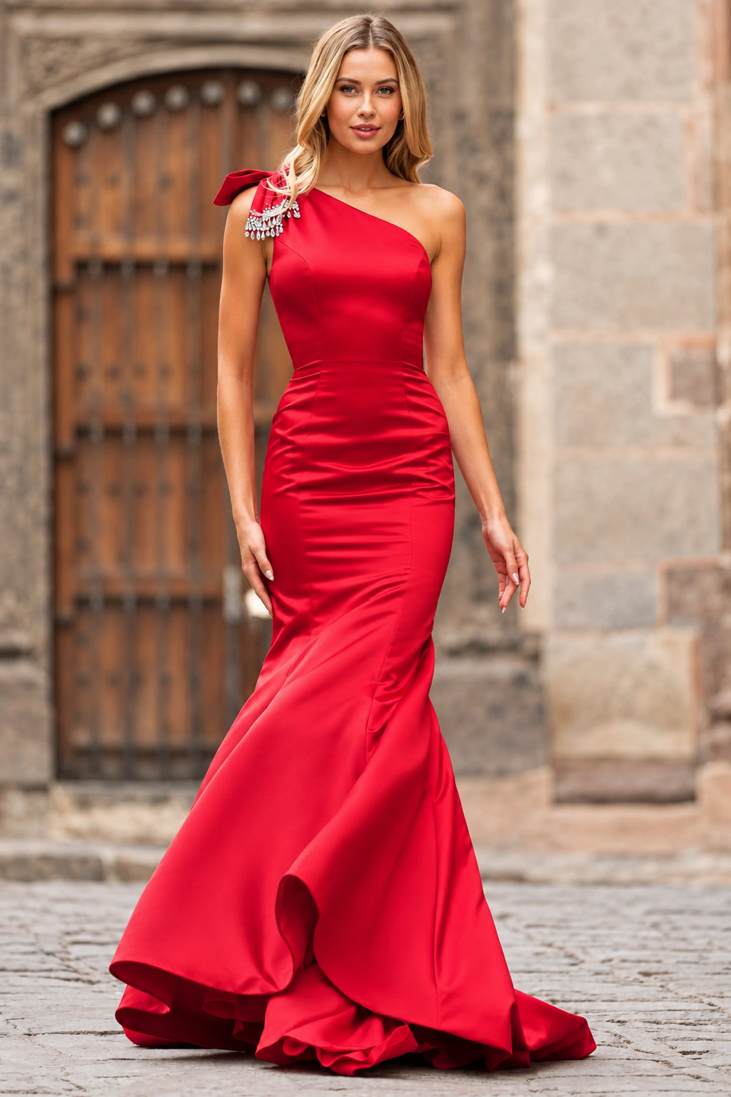Elegant Mermaid One-Shoulder Sleeveless Ruched Embellished Red Floor-Length Women's Evening Gown