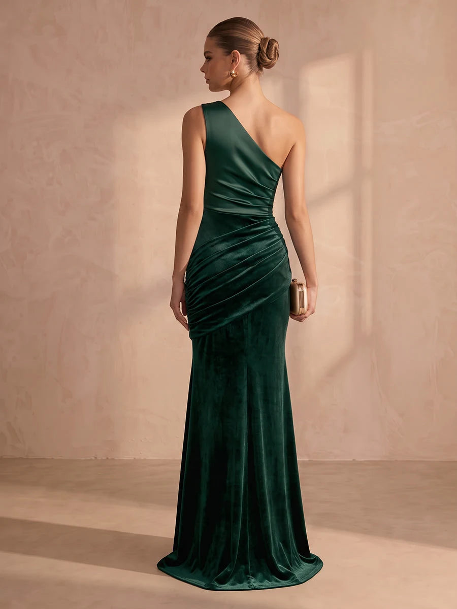 Elegant Mermaid One-Shoulder Sleeveless Ruched Green Maxi Prom Dresses Women Gown