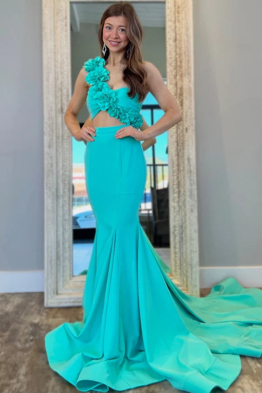 Elegant Mermaid One Shoulder Floral Applique Two-Piece Teal Floor-Length Prom Dresses