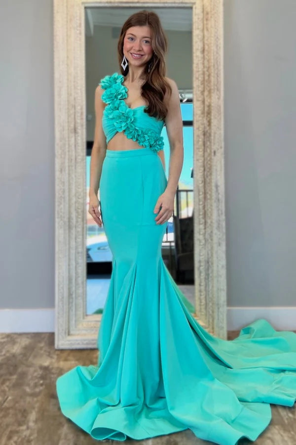 Elegant Mermaid One Shoulder Floral Applique Two-Piece Teal Floor-Length Prom Dresses