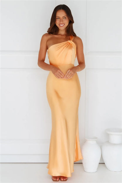 Elegant Mermaid One Shoulder Ruched Peach Floor-Length Prom Dress Women's Gown