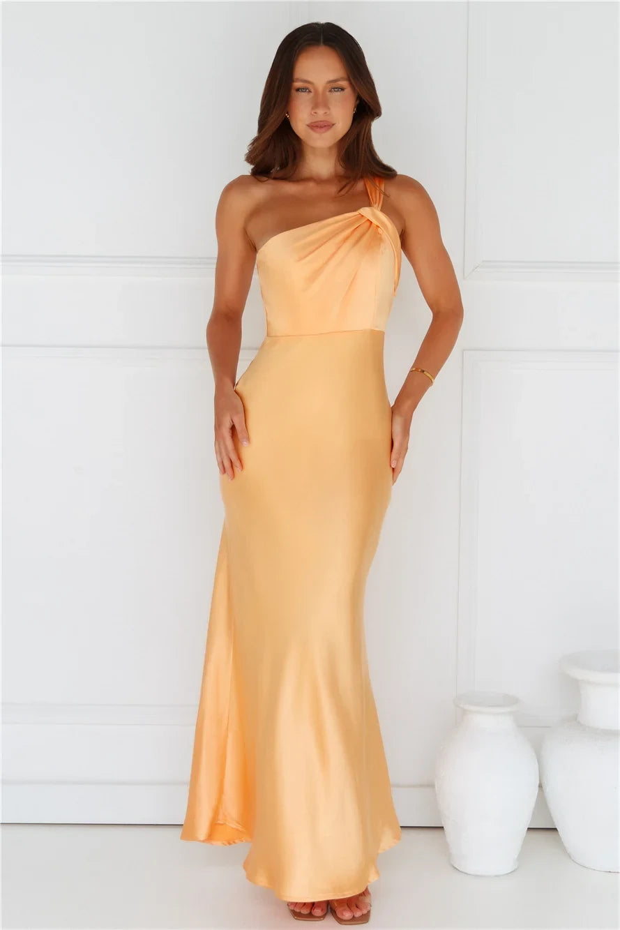 Elegant Mermaid One Shoulder Ruched Peach Floor-Length Prom Dress Women's Gown