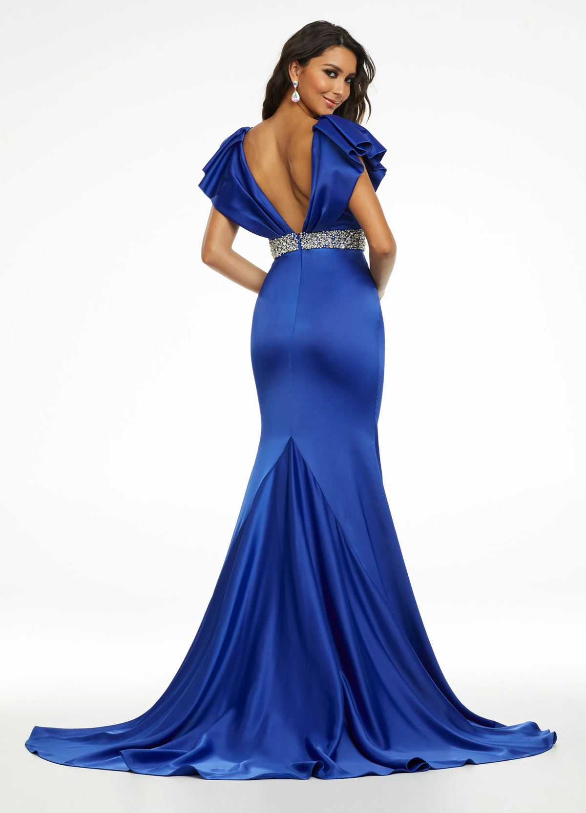 Elegant Mermaid Plunging V-Neck Ruffled Cap Sleeve Royal Blue Floor-Length Evening Gown