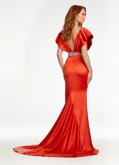 Elegant Mermaid Plunging V-Neck Ruffled Cap Sleeve Royal Blue Floor-Length Evening Gown