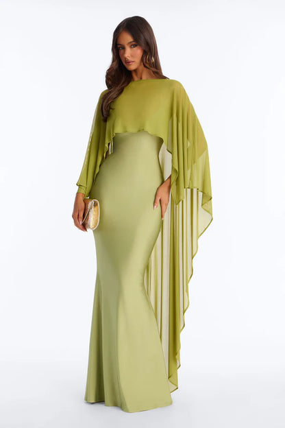 Elegant Mermaid Round Neck Draped Flowy Sage Green Floor Prom Dress Gown