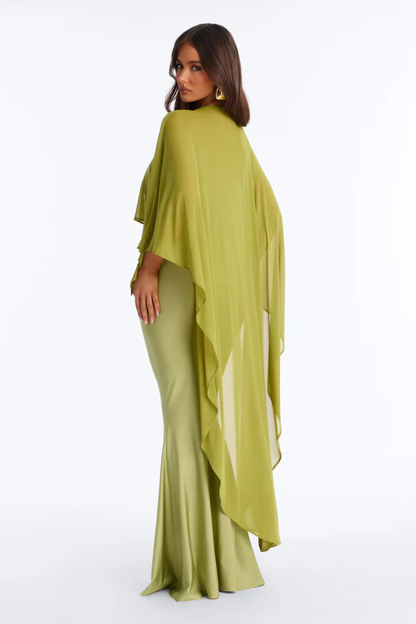 Elegant Mermaid Round Neck Draped Flowy Sage Green Floor Prom Dress Gown