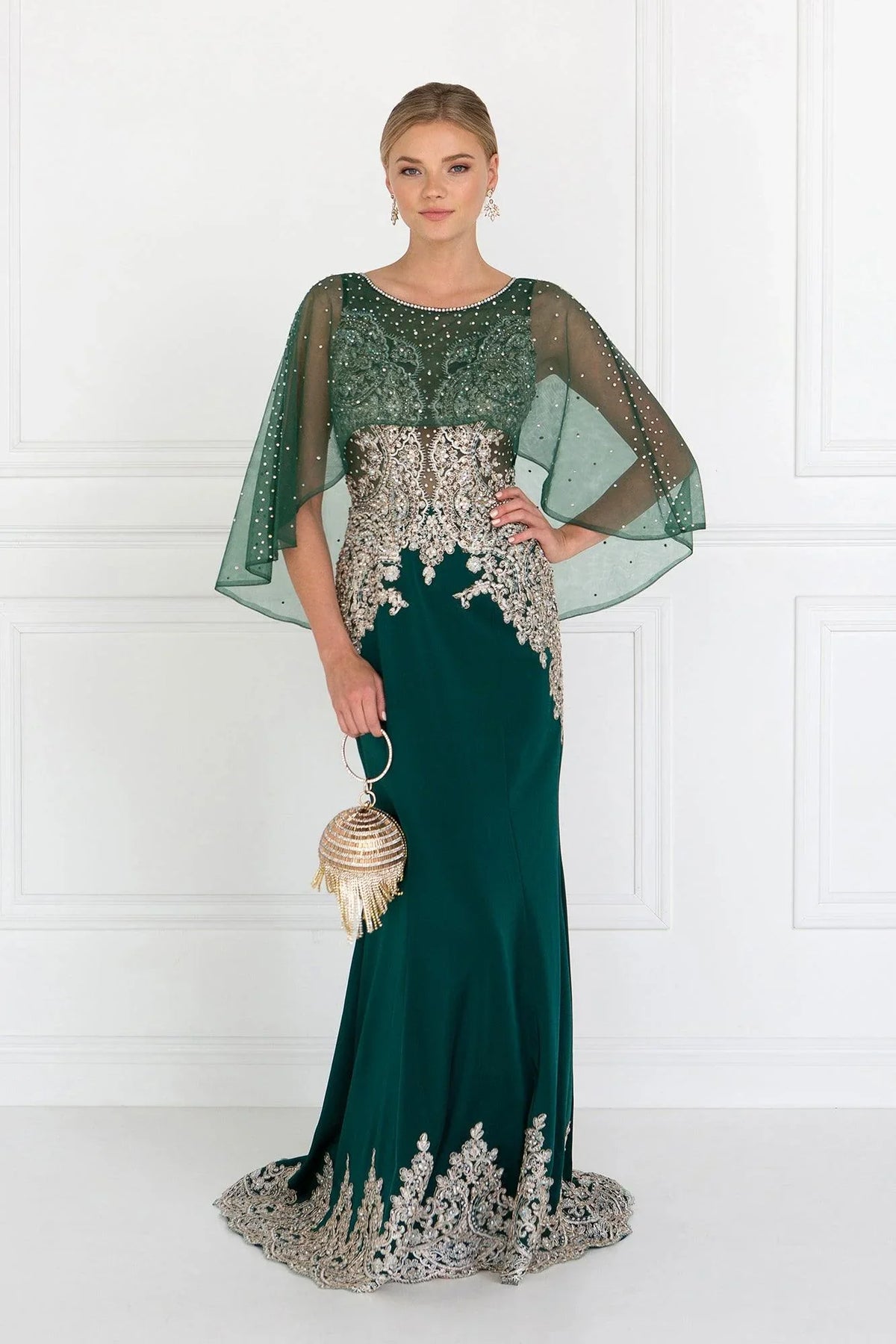 Elegant Mermaid Scoop Neck Cape Sleeves Beaded Emerald Green Floor-Length Mother of the Bride Gown