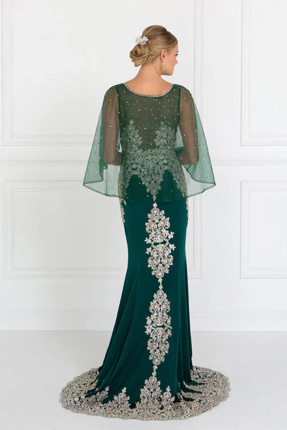 Elegant Mermaid Scoop Neck Cape Sleeves Beaded Emerald Green Floor-Length Mother of the Bride Gown