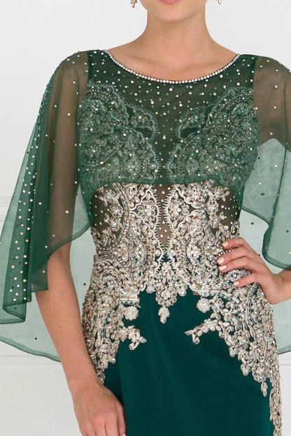 Elegant Mermaid Scoop Neck Cape Sleeves Beaded Emerald Green Floor-Length Mother of the Bride Gown