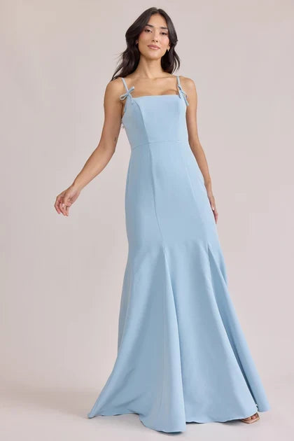 Elegant Mermaid Square Neck Bow-Tie Straps Sky Blue Floor-Length Bridesmaid Dress Gown