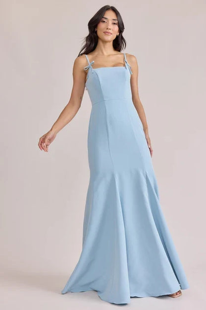 Elegant Mermaid Square Neck Bow-Tie Straps Sky Blue Floor-Length Bridesmaid Dress Gown