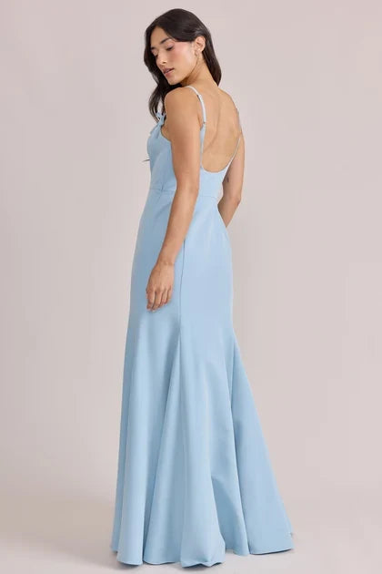 Elegant Mermaid Square Neck Bow-Tie Straps Sky Blue Floor-Length Bridesmaid Dress Gown