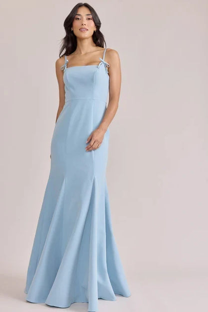Elegant Mermaid Square Neck Bow-Tie Straps Sky Blue Floor-Length Bridesmaid Dress Gown