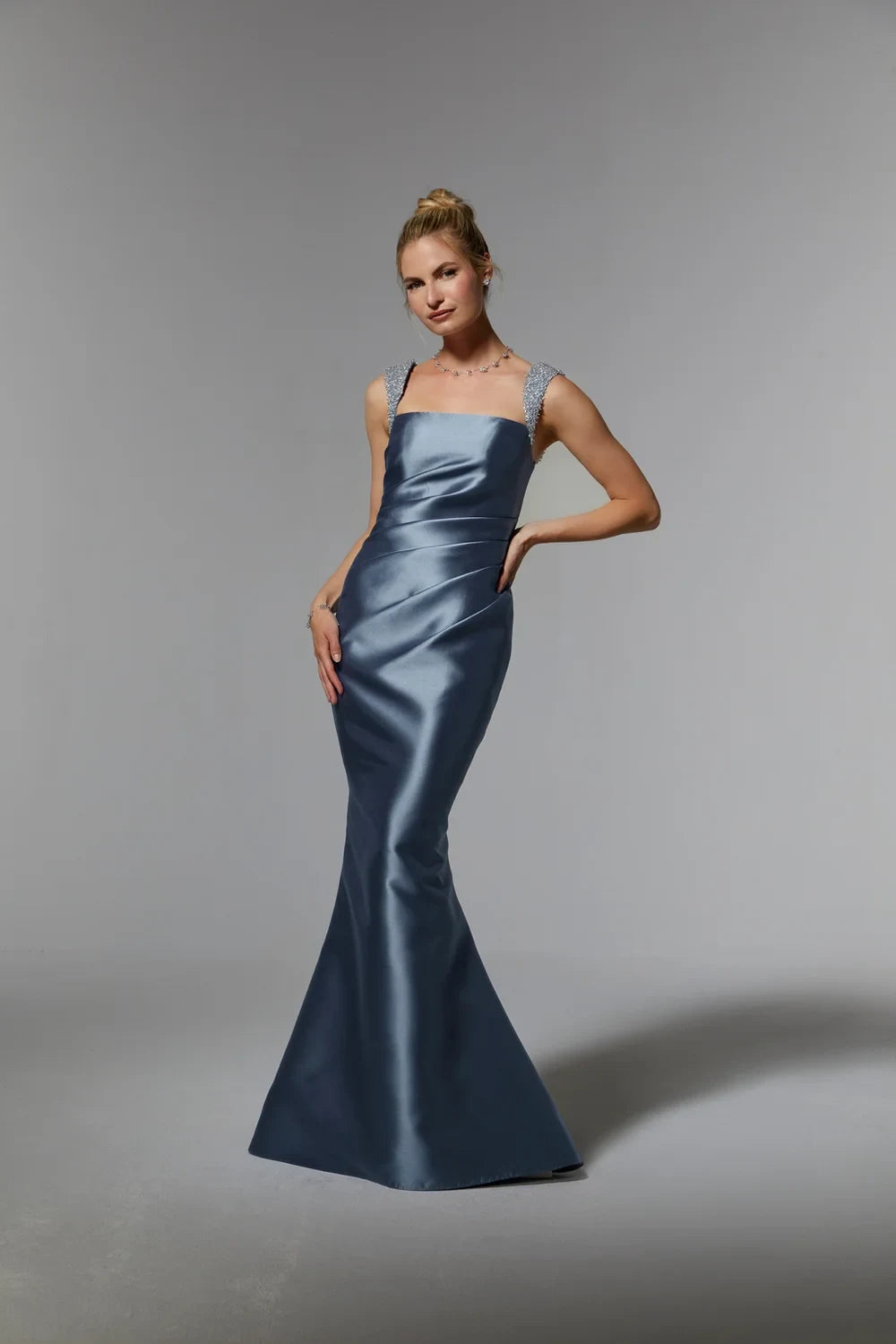 Elegant Mermaid Square Neck Draped Embellished Steel Blue Floor-Length Mother of the Bride Gown