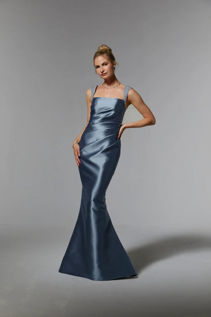 Elegant Mermaid Square Neck Draped Embellished Steel Blue Floor-Length Mother of the Bride Gown