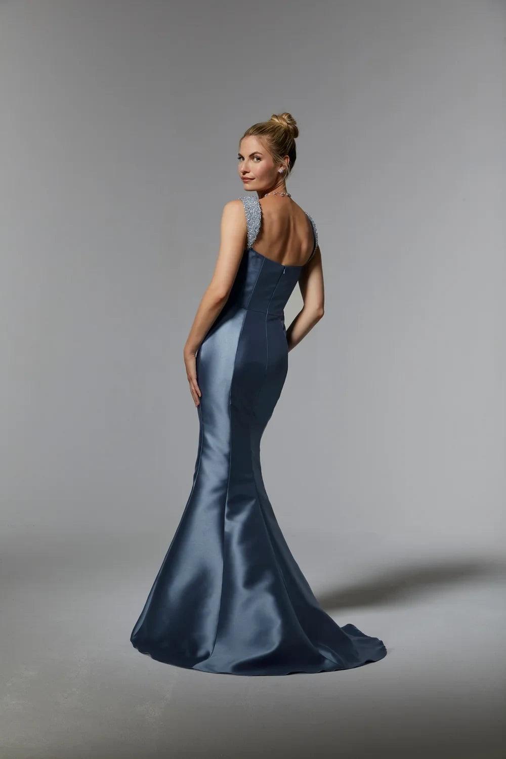 Elegant Mermaid Square Neck Draped Embellished Steel Blue Floor-Length Mother of the Bride Gown