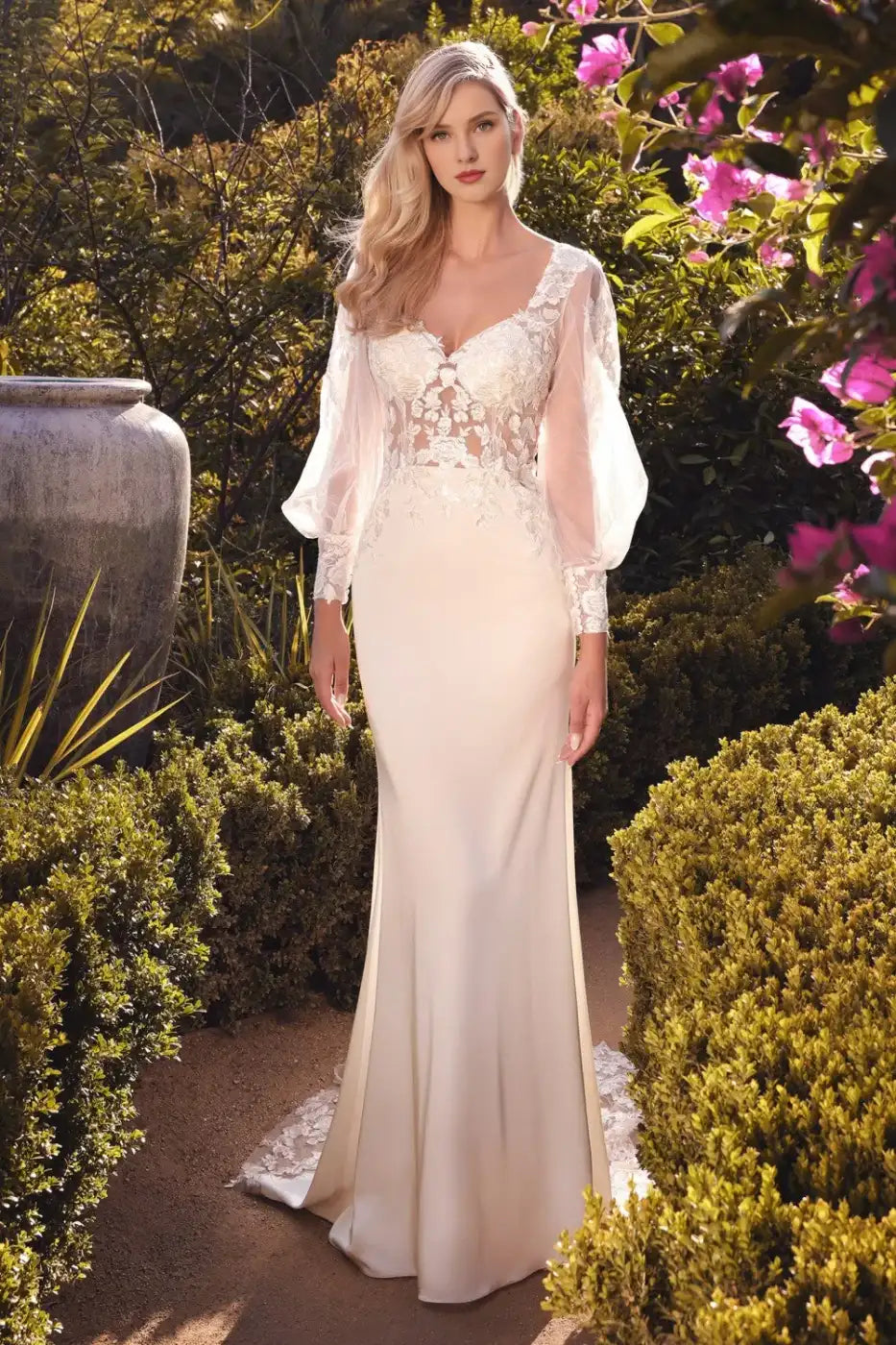 Elegant Mermaid Square Neck Long Puff Sleeves Ivory Wedding Dresses Bridal Gown