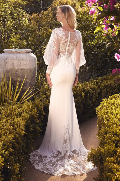 Elegant Mermaid Square Neck Long Puff Sleeves Ivory Wedding Dresses Bridal Gown